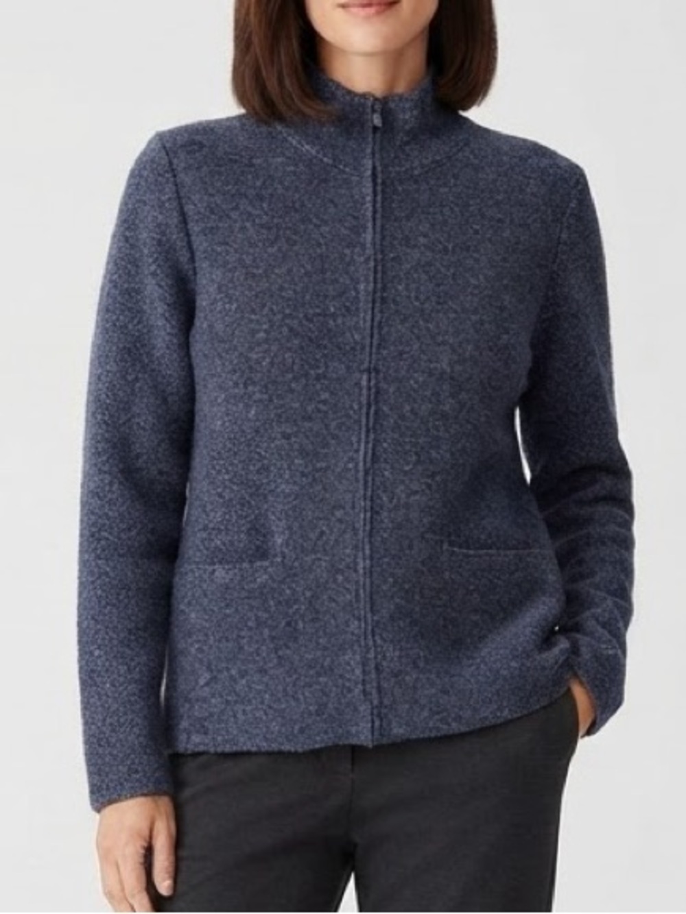 Eileen Fisher 100% Wool Full Zip Jacket Cardigan Size PM Blue Heather